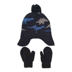 Cute Dinosaur Knit Hat & Mittens Set Navy Blue with Dino Print Pom Pom Winter
